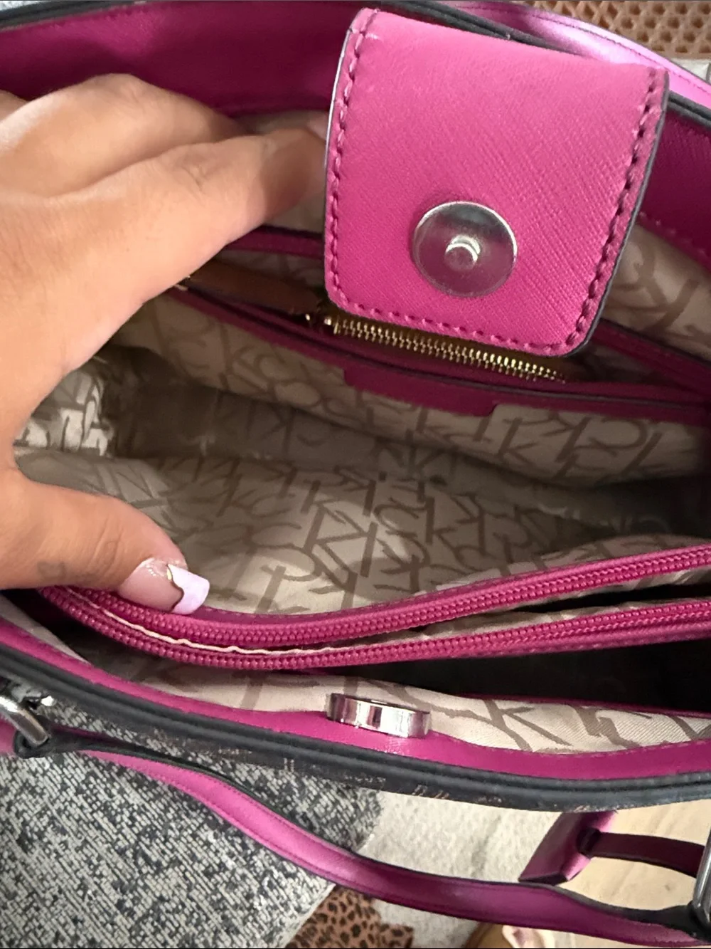 Calvin Klein Brown Monogram Tote with Fuchsia Trim